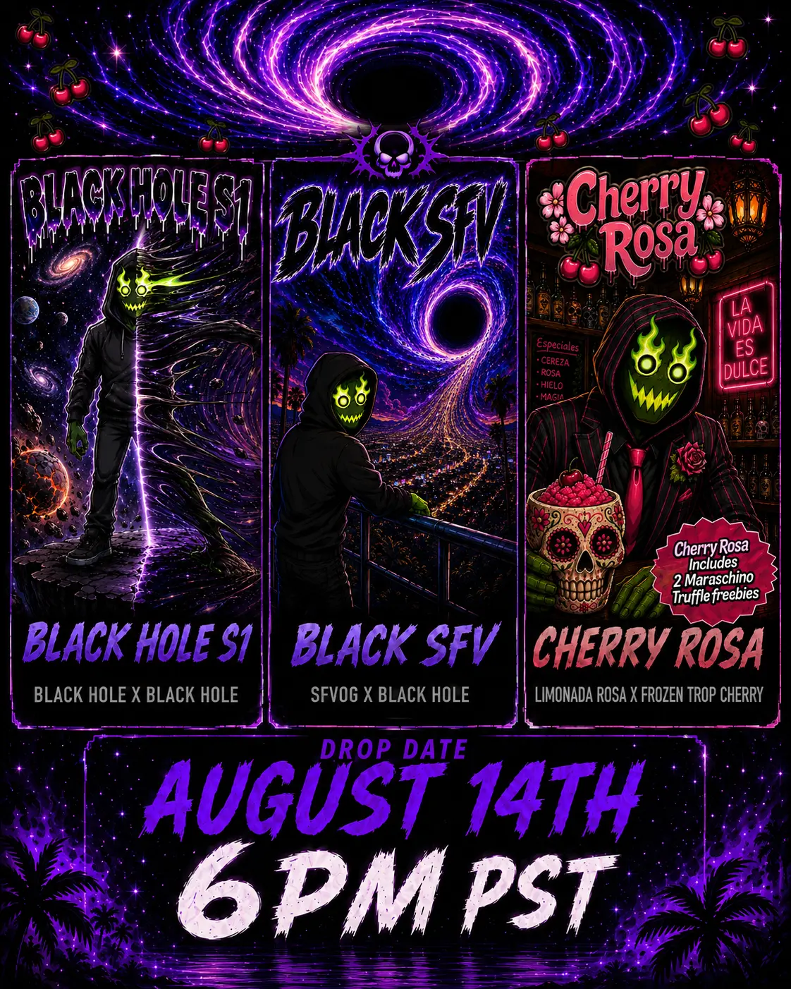 Robin Hood Seeds and Square One Genetics August 14 drop featuring Black Hole S1, Black SFV, and Cherry Rosa